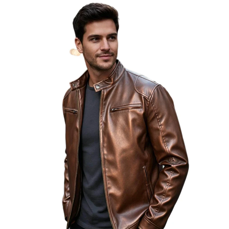 Herren Biker‑Style Kunstlederjacke mit Stehkragen und Reißverschlusstaschen Nord Taschen