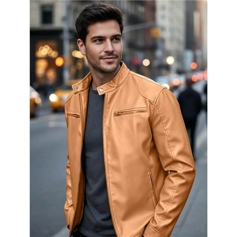 Herren Biker‑Style Kunstlederjacke mit Stehkragen und Reißverschlusstaschen Nord Taschen