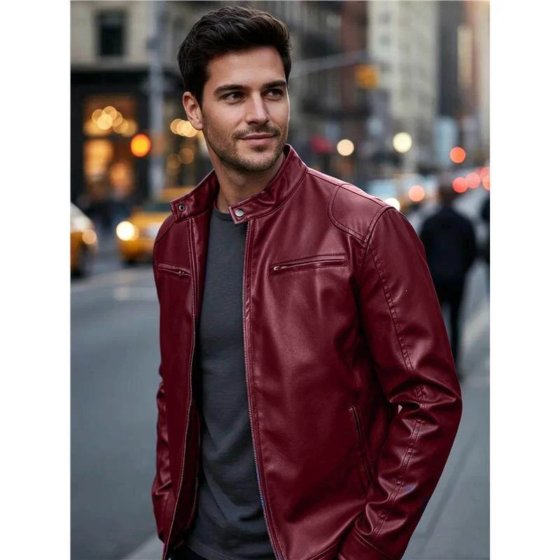 Herren Biker‑Style Kunstlederjacke mit Stehkragen und Reißverschlusstaschen Nord Taschen