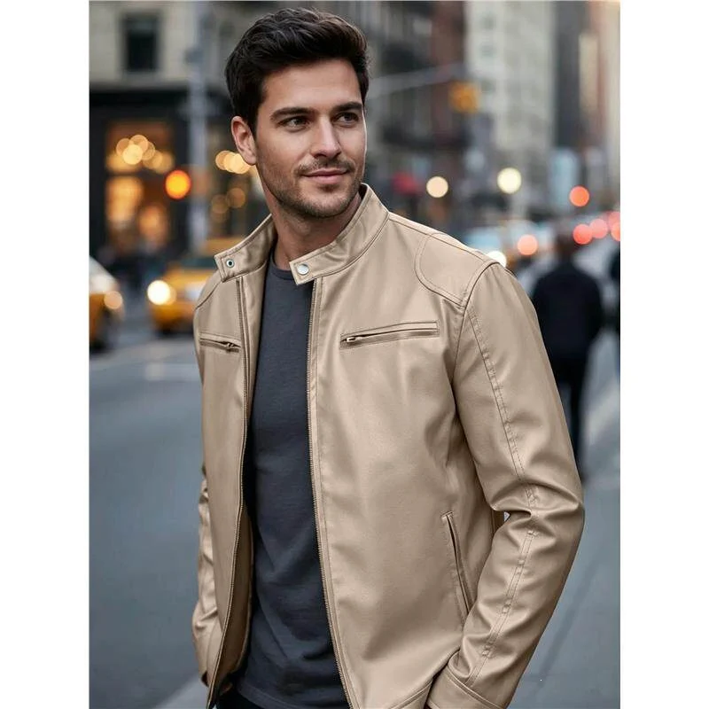 Herren Biker‑Style Kunstlederjacke mit Stehkragen und Reißverschlusstaschen Nord Taschen