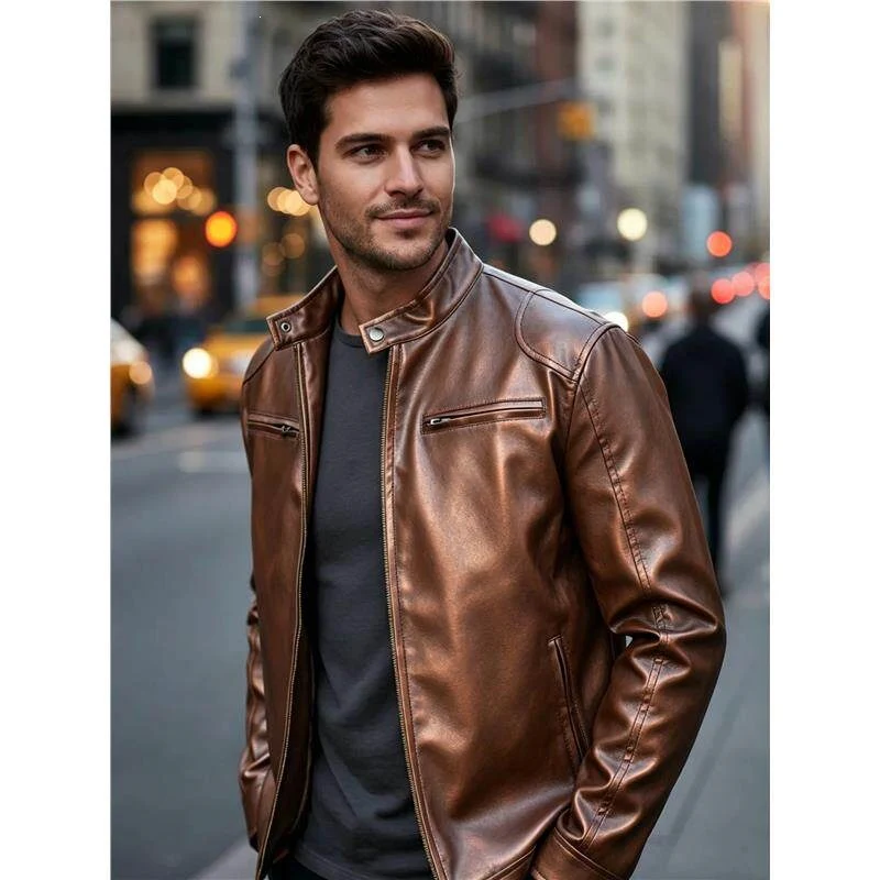 Herren Biker‑Style Kunstlederjacke mit Stehkragen und Reißverschlusstaschen Nord Taschen