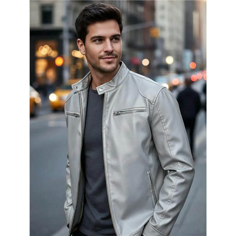 Herren Biker‑Style Kunstlederjacke mit Stehkragen und Reißverschlusstaschen Nord Taschen