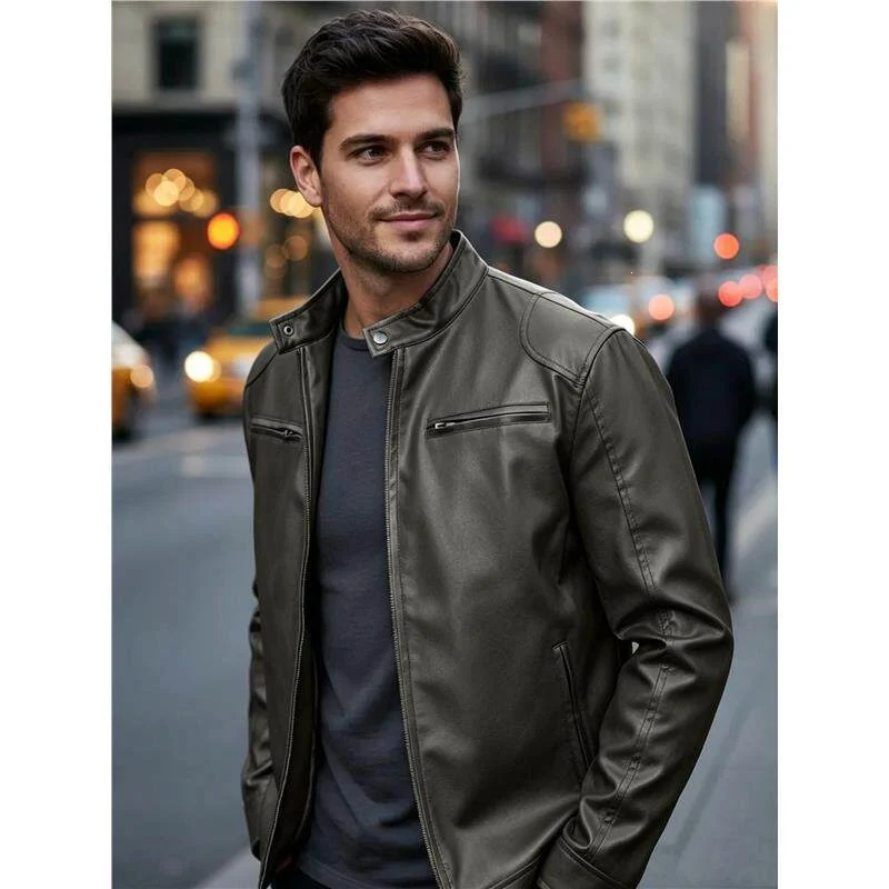 Herren Biker‑Style Kunstlederjacke mit Stehkragen und Reißverschlusstaschen Nord Taschen