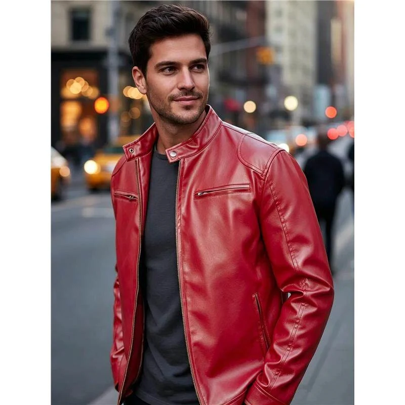 Herren Biker‑Style Kunstlederjacke mit Stehkragen und Reißverschlusstaschen Nord Taschen