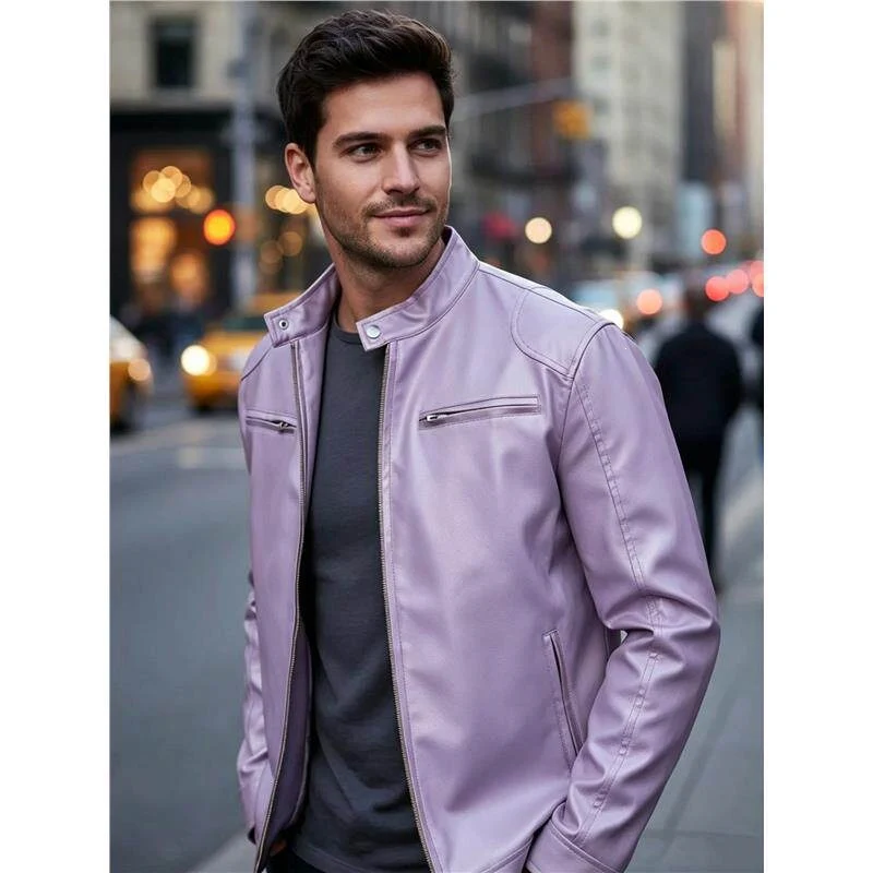 Herren Biker‑Style Kunstlederjacke mit Stehkragen und Reißverschlusstaschen Nord Taschen