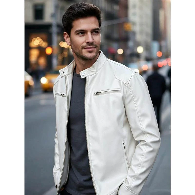 Herren Biker‑Style Kunstlederjacke mit Stehkragen und Reißverschlusstaschen Nord Taschen