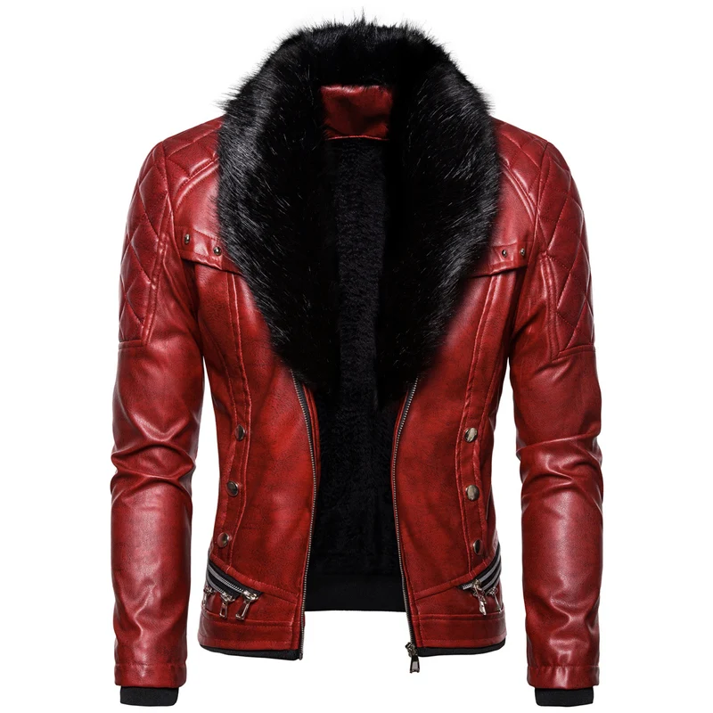 Herren Biker-Lederjacke im Vintage-Look mit gesteppter Schulter und breitem Kunstfellkragen Nord Taschen