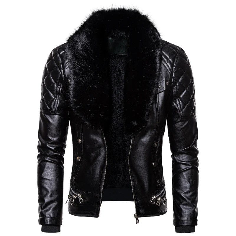 Herren Biker-Lederjacke im Vintage-Look mit gesteppter Schulter und breitem Kunstfellkragen Nord Taschen
