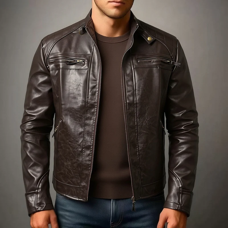 Herren Biker-inspirierte Kunstlederjacke mit Stehkragen, gesteppter Schulterpartie und Reißverschlusstaschen Nord Taschen