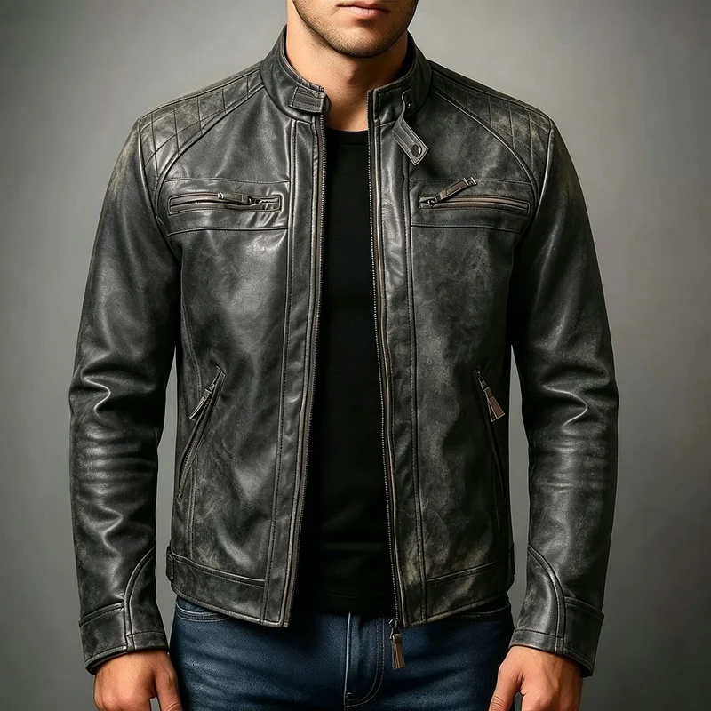 Herren Biker-inspirierte Kunstlederjacke mit Stehkragen, gesteppter Schulterpartie und Reißverschlusstaschen Nord Taschen
