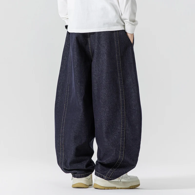 Herren Baggy-Denim-Hose mit extra weitem Bein, tiefem Schritt und sichtbaren Kontrastnähten Nord Taschen