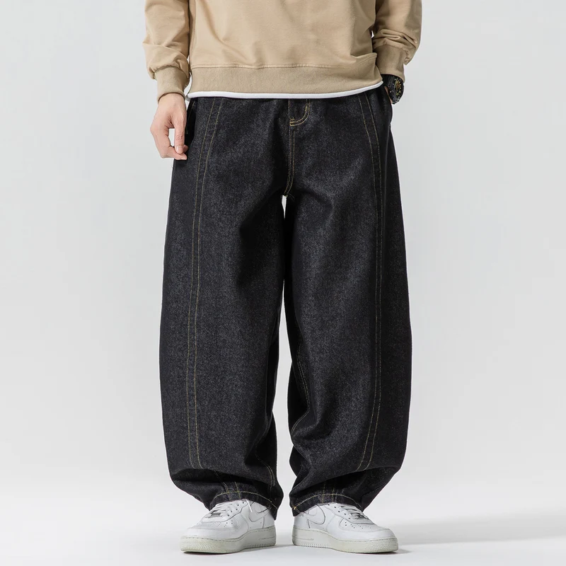 Herren Baggy-Denim-Hose mit extra weitem Bein, tiefem Schritt und sichtbaren Kontrastnähten Nord Taschen