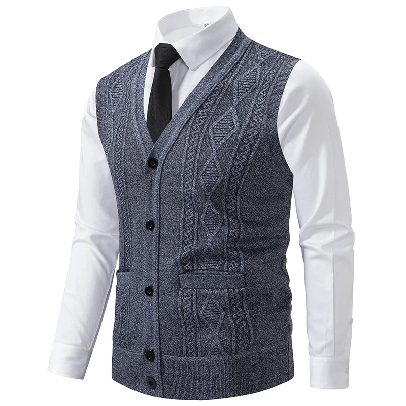 Herren Ärmellose Strickweste mit Rauten‑Muster, V‑Ausschnitt und Knopfleiste Nord Taschen