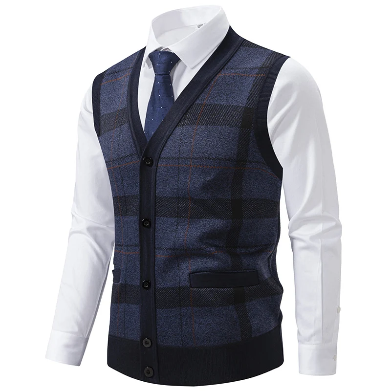 Herren Ärmellose Strickweste mit Rauten‑Muster, V‑Ausschnitt und Knopfleiste Nord Taschen