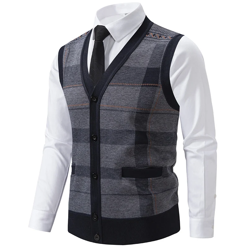 Herren Ärmellose Strickweste mit Rauten‑Muster, V‑Ausschnitt und Knopfleiste Nord Taschen