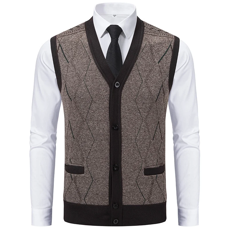 Herren Ärmellose Strickweste mit Rauten‑Muster, V‑Ausschnitt und Knopfleiste Nord Taschen