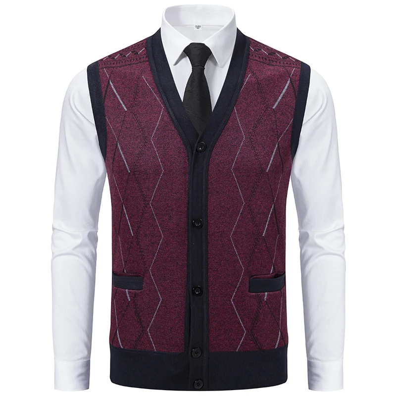 Herren Ärmellose Strickweste mit Rauten‑Muster, V‑Ausschnitt und Knopfleiste Nord Taschen