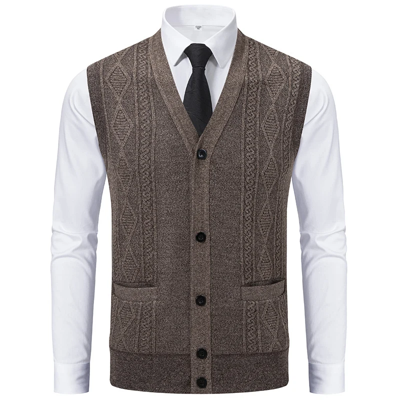 Herren Ärmellose Strickweste mit Rauten‑Muster, V‑Ausschnitt und Knopfleiste Nord Taschen