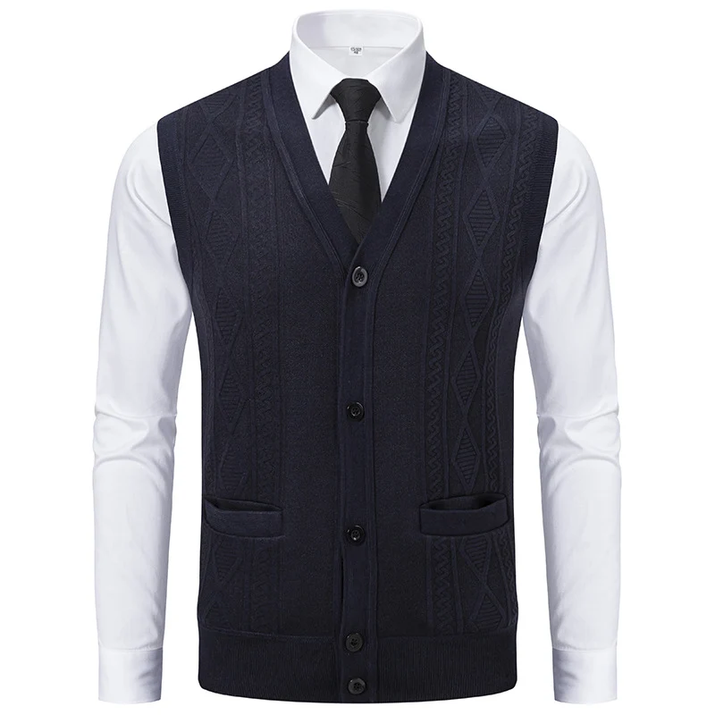 Herren Ärmellose Strickweste mit Rauten‑Muster, V‑Ausschnitt und Knopfleiste Nord Taschen