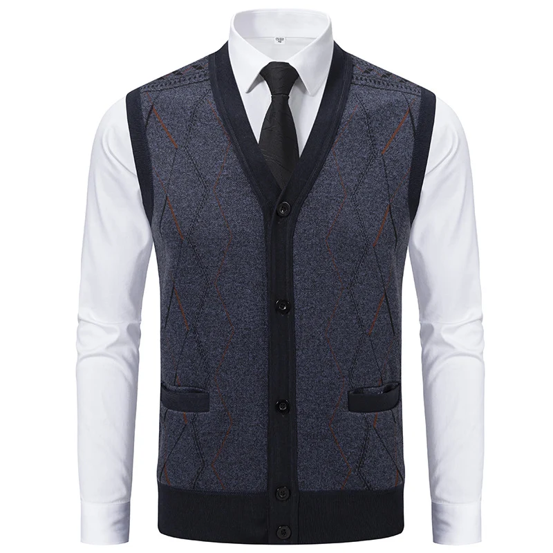 Herren Ärmellose Strickweste mit Rauten‑Muster, V‑Ausschnitt und Knopfleiste Nord Taschen