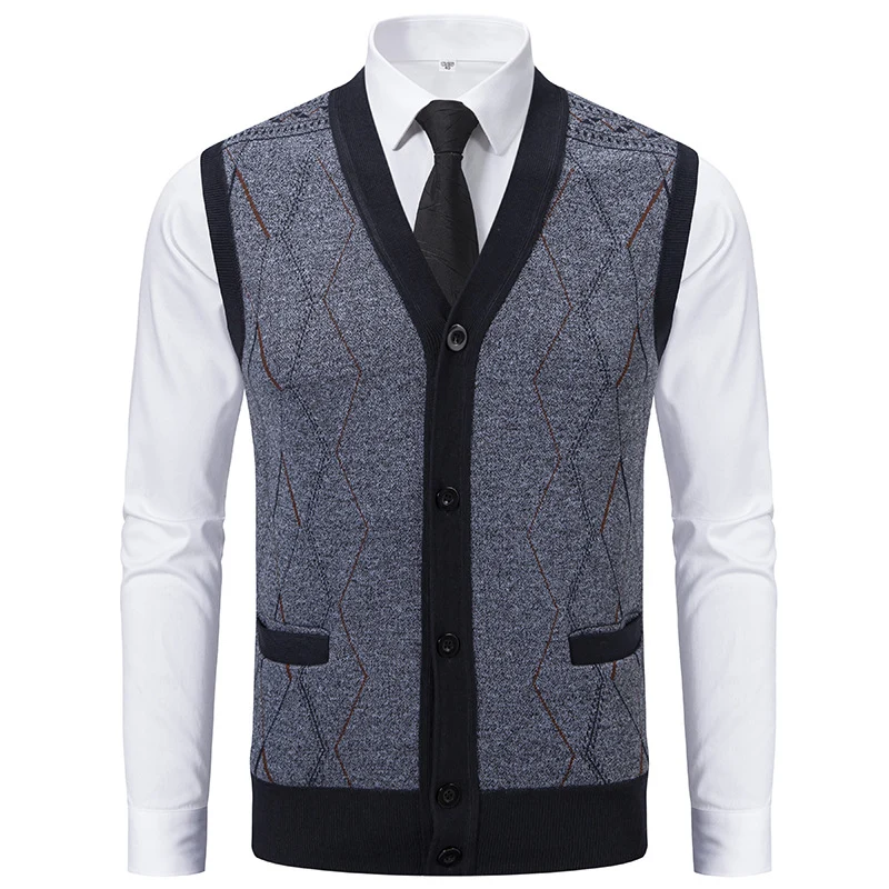 Herren Ärmellose Strickweste mit Rauten‑Muster, V‑Ausschnitt und Knopfleiste Nord Taschen