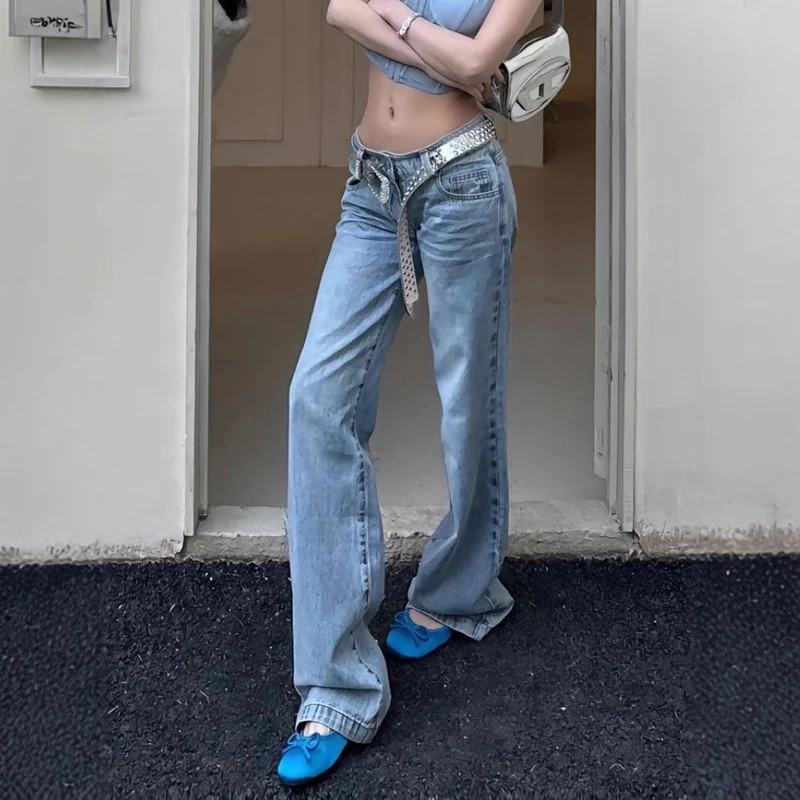 Damen Weit geschnittene Jeans mit hohem Bund und trendy Gürtel Nord Taschen