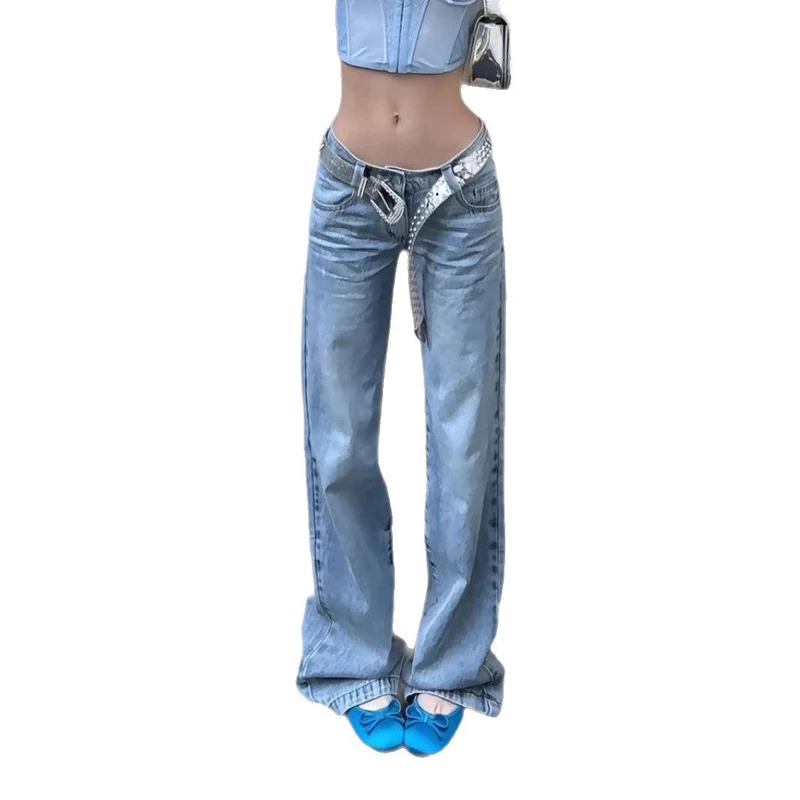 Damen Weit geschnittene Jeans mit hohem Bund und trendy Gürtel Nord Taschen