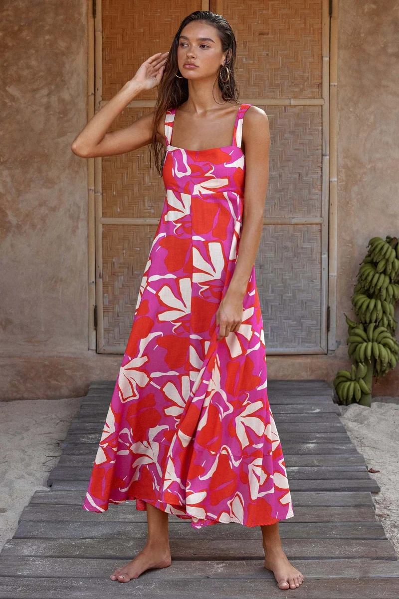 Damen Maxikleid im lNord Taschenhaften floralen Design mit spielerischem Schnitt Nord Taschen
