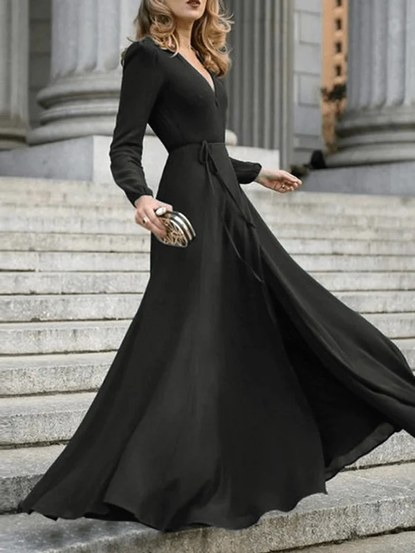 langes, fließendes Kleid, Schleife, Gürtel, V-Ausschnitt, lange Ärmel, für Damen, elegante Abend- und Abschlussballzeremonie