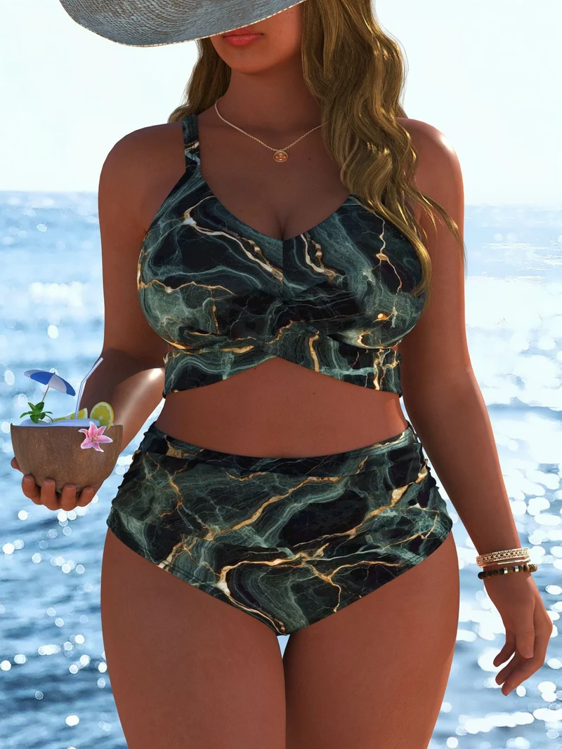 Damen Bikini-Set mit stylischem Marmormuster und hohem Taillenschnitt Nord Taschen