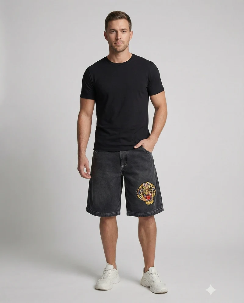 Herren Bermudahose Weit Denim Tigerpatch