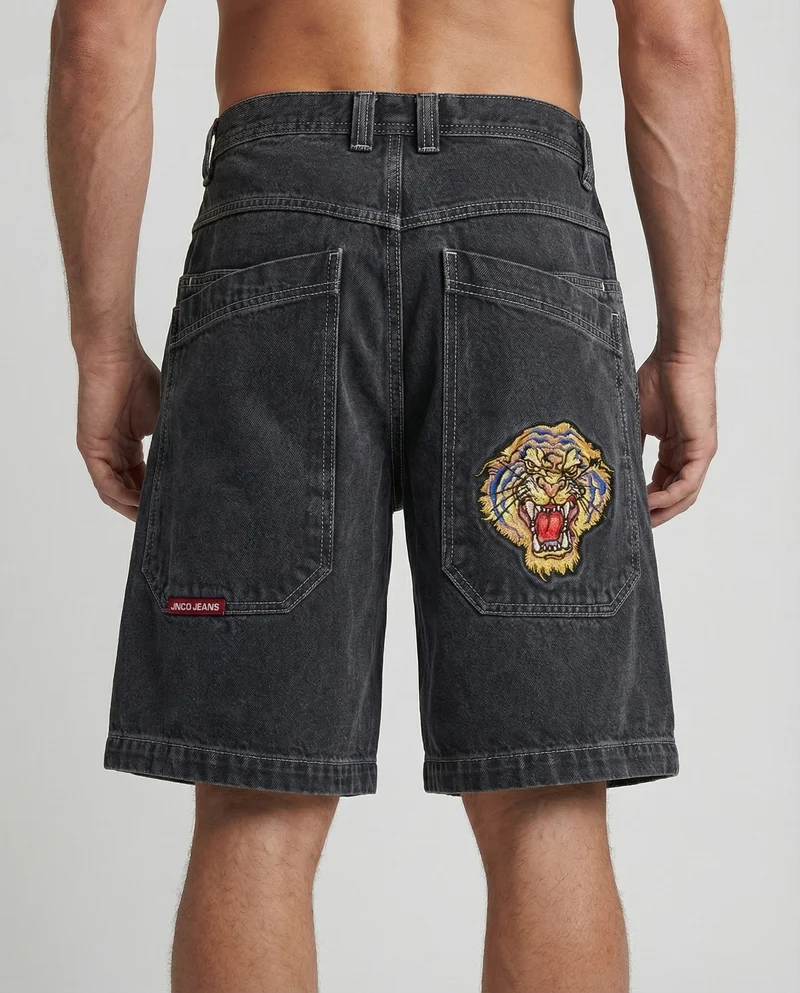 Herren Bermudahose Weit Denim Tigerpatch