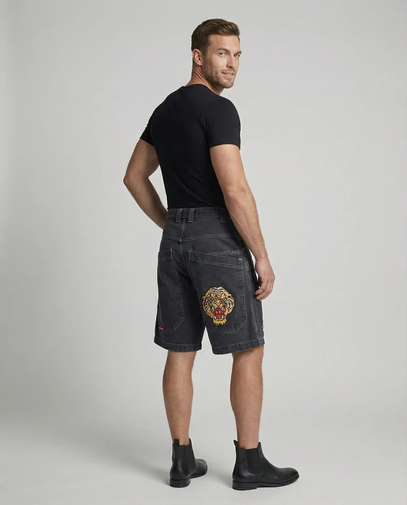 Herren Bermudahose Weit Denim Tigerpatch