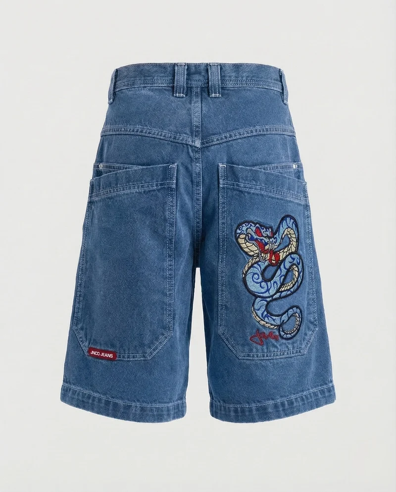 Herren Bermudahose Weit Denim Tigerpatch