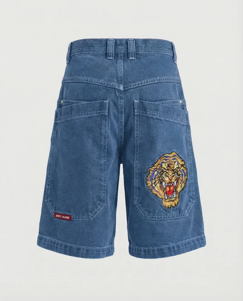 Herren Bermudahose Weit Denim Tigerpatch