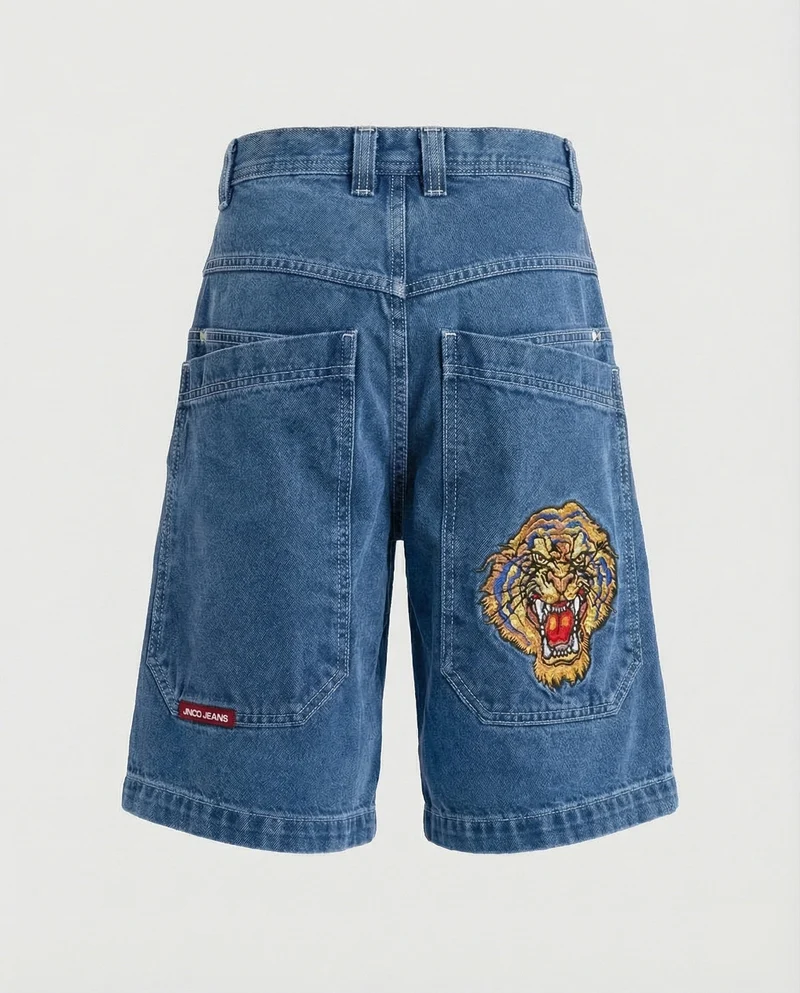Herren Bermudahose Weit Denim Tigerpatch