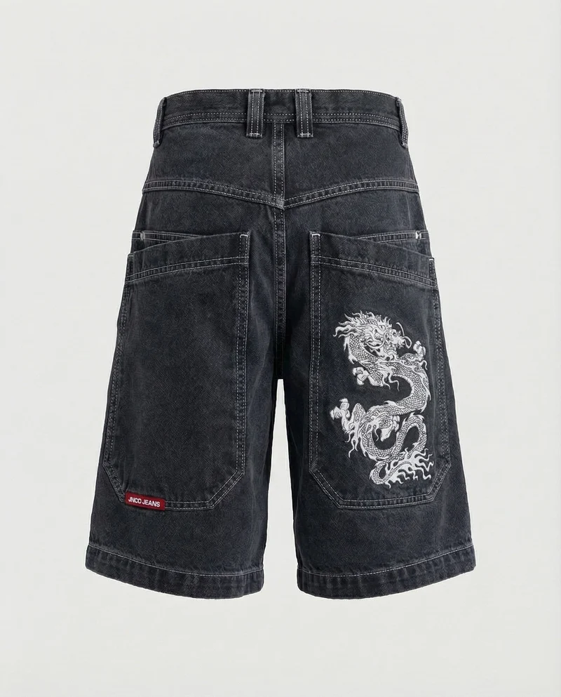 Herren Bermudahose Weit Denim Tigerpatch