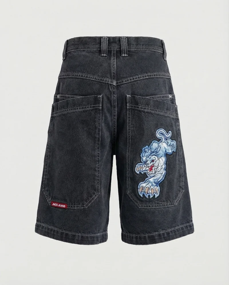 Herren Bermudahose Weit Denim Tigerpatch