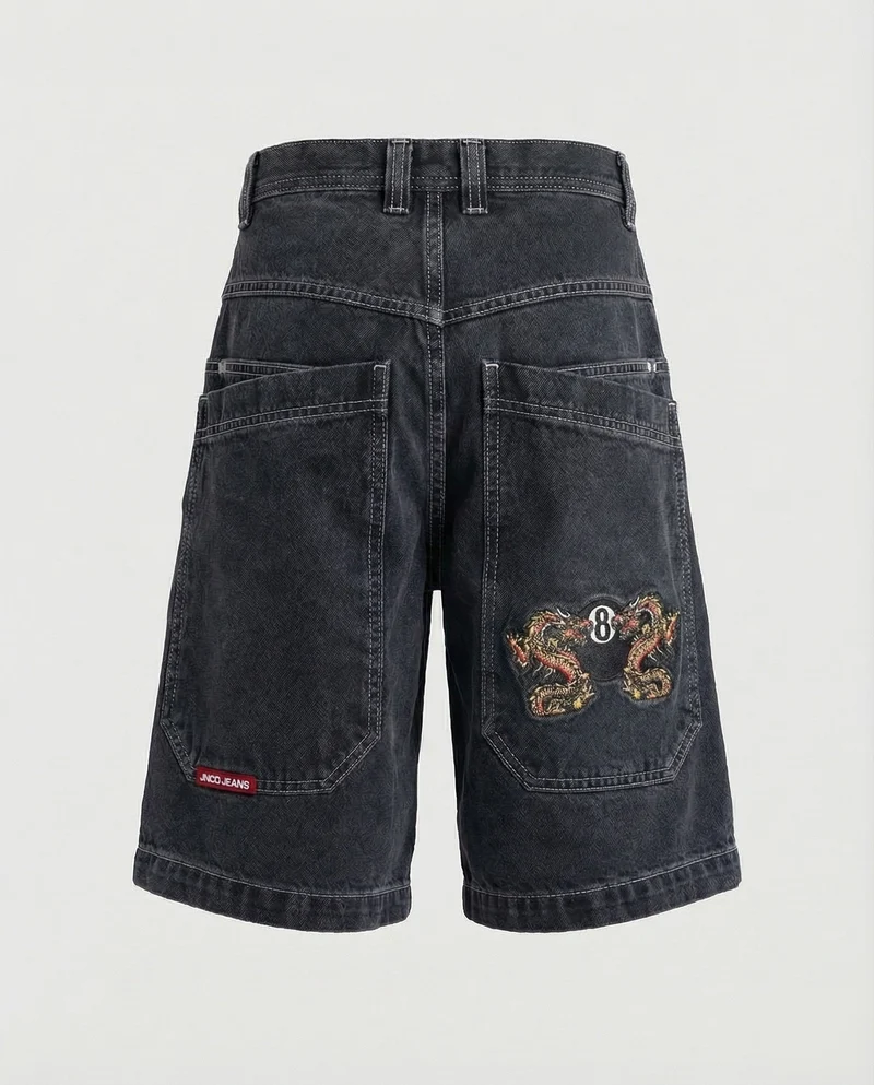 Herren Bermudahose Weit Denim Tigerpatch