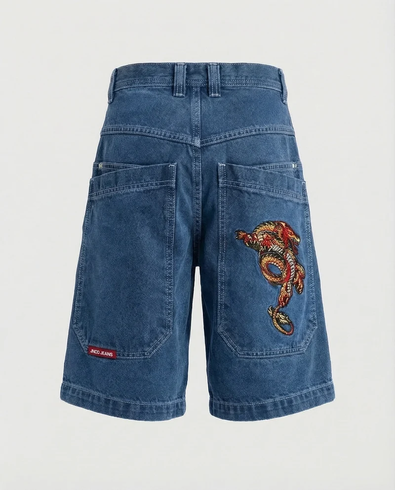 Herren Bermudahose Weit Denim Tigerpatch