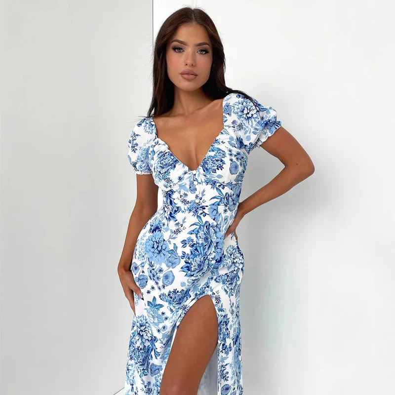 Damen Sommerliches Maxi-Kleid mit floralem Muster und elegantem Schlitz Nord Taschen