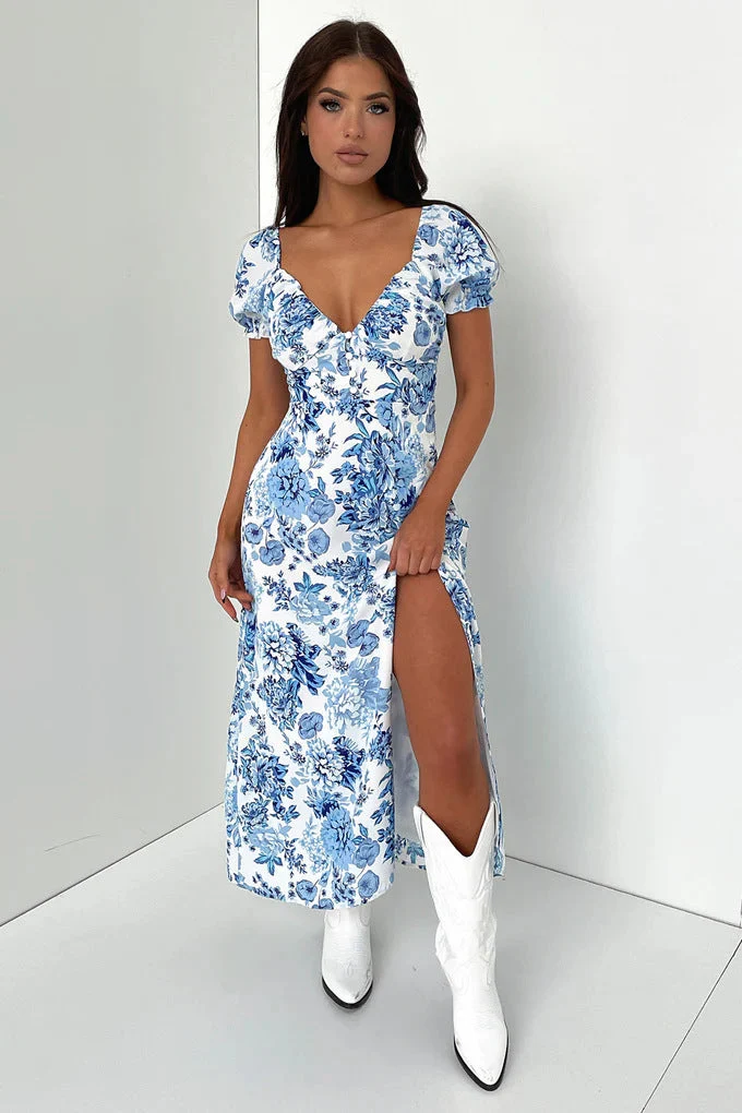 Damen Sommerliches Maxi-Kleid mit floralem Muster und elegantem Schlitz Nord Taschen
