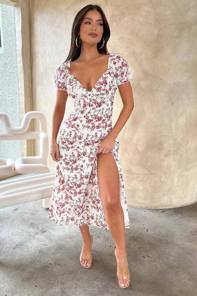 Damen Sommerliches Maxi-Kleid mit floralem Muster und elegantem Schlitz Nord Taschen
