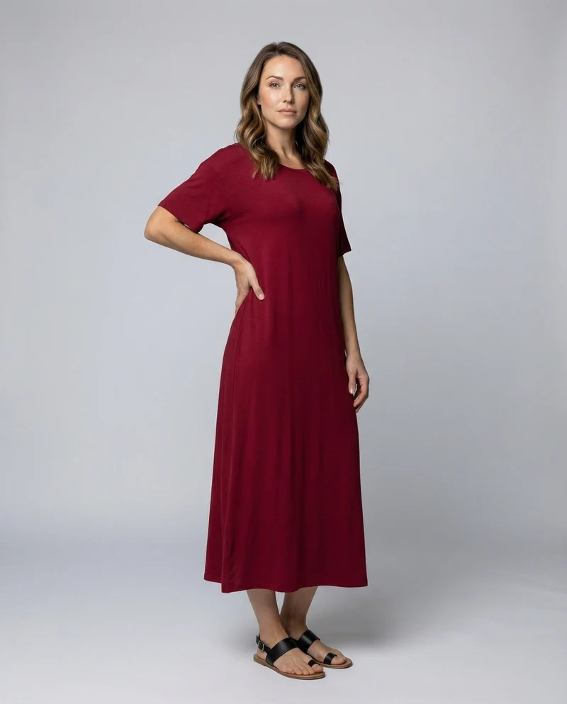 Damen Knöchellanges Kurzarm Jersey-Maxikleid