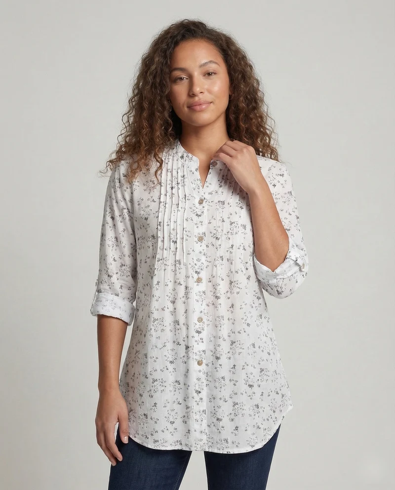 Damen Tunika-Bluse Stehkragen Brustfalten