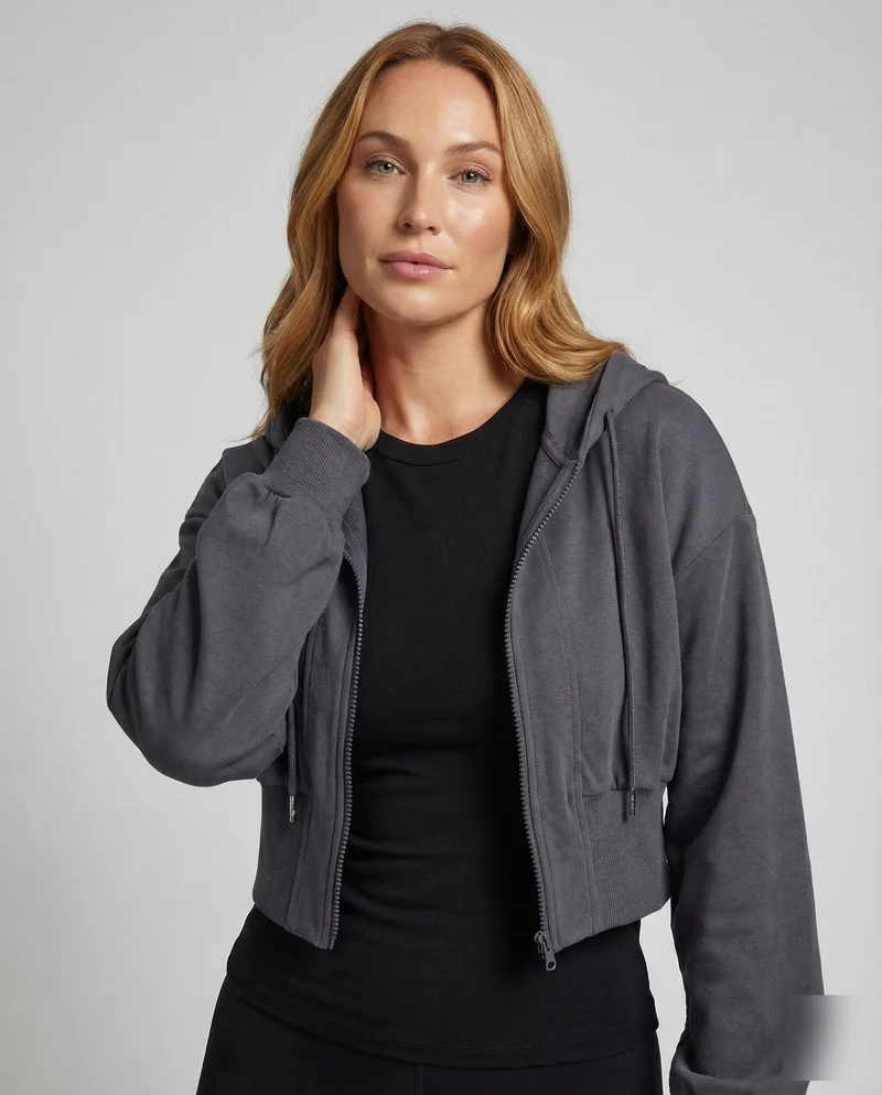 Damen Kurze Kapuzen-Sweatjacke Ballonärmel