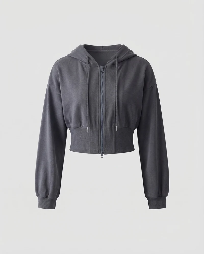 Damen Kurze Kapuzen-Sweatjacke Ballonärmel
