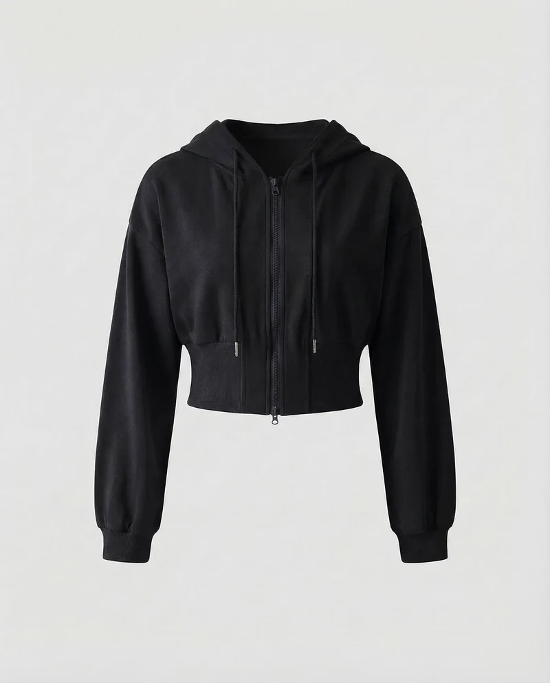 Damen Kurze Kapuzen-Sweatjacke Ballonärmel