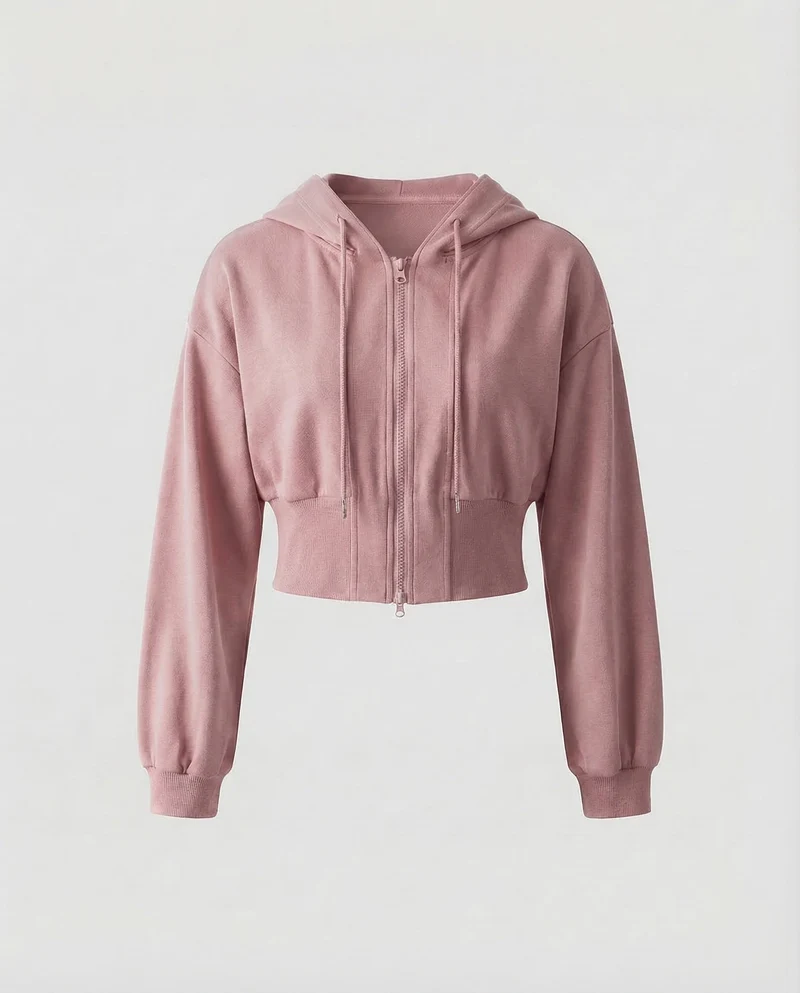 Damen Kurze Kapuzen-Sweatjacke Ballonärmel