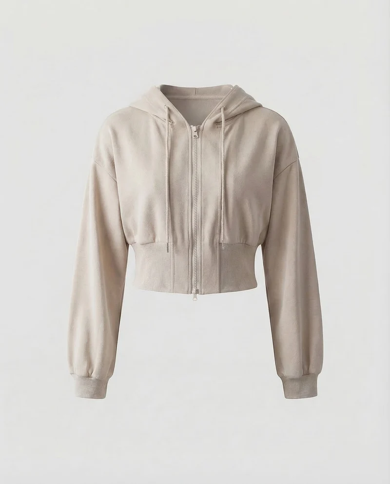 Damen Kurze Kapuzen-Sweatjacke Ballonärmel